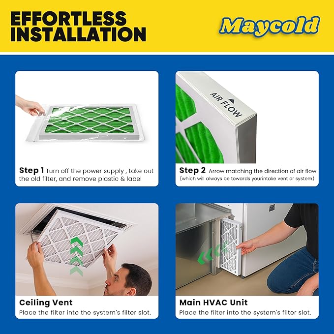 Maycold MERV 13 20x25x1 Air Filter (6-Pack), High-Efficiency Pleated AC & Furnace Filters, Actual Size: 19.70" x 24.70" x 0.75", Individually Wrapped in Plastic