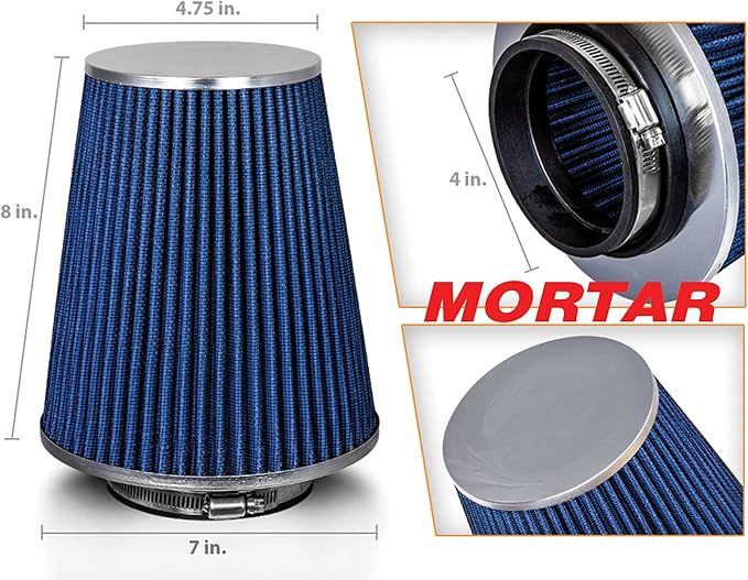 Mortar Aftermarket Auto Air Filter - Car Enthusiast Class Universal Cold Air Intake Gulps in More Air for More Engine Power & Passionate Induction Sound, 8-In-Long, Flange ID 4 In, Blue