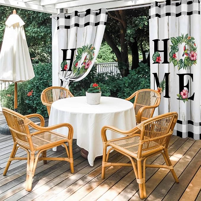 Summer Outdoor Curtains for Patio Leaves Garland Plumeria Wood Buffalo Plaid Waterproof Outside Curtains with Grommet Top Weatherproof Curtain for Cabana Pergola Gazebo, 1 Panel, 54" W x 84" L