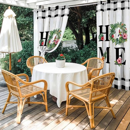 Summer Outdoor Curtains for Patio Leaves Garland Plumeria Wood Buffalo Plaid Waterproof Outside Curtains with Grommet Top Weatherproof Curtain for Cabana Pergola Gazebo, 2 Pack, 54" W x 84" L