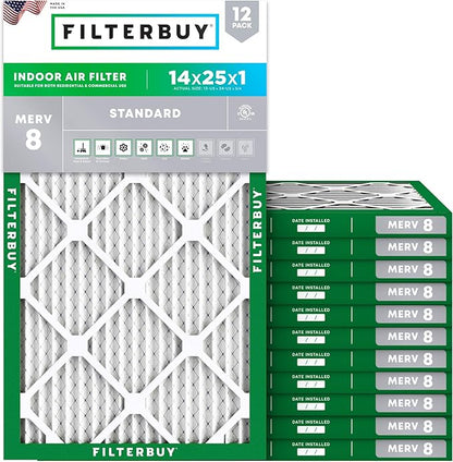 Filterbuy 14x25x1 Air Filter MERV 8 Essential Dust & Allergy Defense (12-Pack), Electrostatic Pleated HVAC AC Furnace Filters Replacement, Made in USA (Actual Size: 13.50 x 24.50 x 0.75)