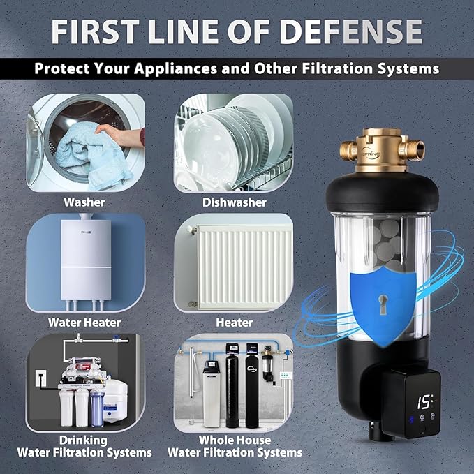 iSpring WSP50SL-ARJ Reusable Whole House Spin Down Sediment Water Filter, Includes Siliphos Helps Prevent Scale and Corrosion, Clear Housing, Upgraded Jumbo Size, with Touch-Screen Auto Flushing
