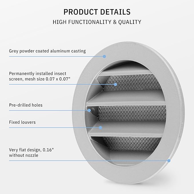 calimaero® WSGG 3" Inch Gray Round Metal Air Vent Grill Cover Flat Louver with Fly Screen Fits Only with Metal Ducts