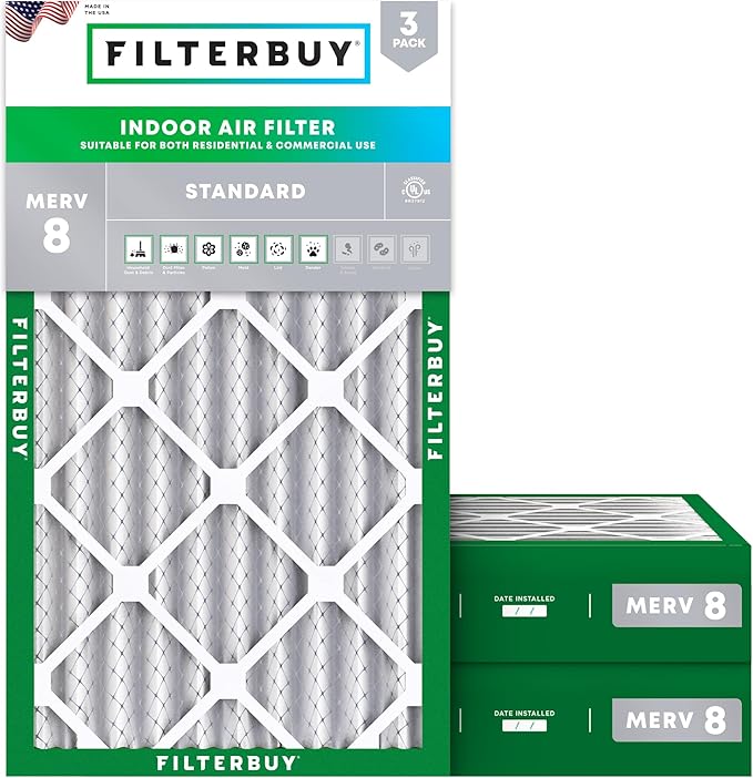 Filterbuy 14x25x4 Air Filter MERV 8 Essential Dust & Allergy Defense (3-Pack), Electrostatic Pleated HVAC AC Furnace Filters Replacement, Made in USA (Actual Size: 13.88 x 24.88 x 3.63)