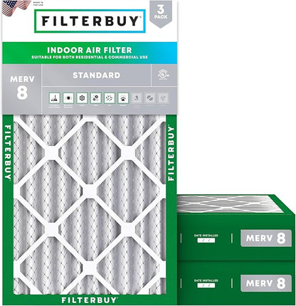 Filterbuy 14x25x4 Air Filter MERV 8 Essential Dust & Allergy Defense (3-Pack), Electrostatic Pleated HVAC AC Furnace Filters Replacement, Made in USA (Actual Size: 13.88 x 24.88 x 3.63)