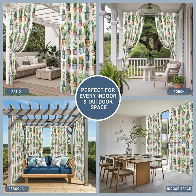 Summer Cactus Outdoor Curtains for Patio Cactus Tropical Plant Wooden Waterproof Outside Curtains with Grommet Top Weatherproof Curtain for Cabana Pergola Gazebo, 1 Panel, 54" W x 84" L