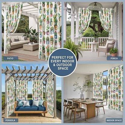 Summer Cactus Outdoor Curtains for Patio Cactus Tropical Plant Wooden Waterproof Outside Curtains with Grommet Top Weatherproof Curtain for Cabana Pergola Gazebo, 1 Panel, 54" W x 84" L