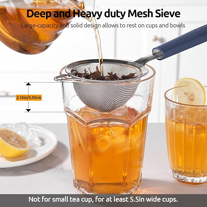 U-Taste Small Fine Mesh Strainer: 18/8 Stainless Steel 3.35in 30 Mesh Kitchen Food Sieve with Sturdy Riveted Silicone Handle, Heavy Duty Deep Handheld Metal Colander for Tea, Juice (Midnight Blue)