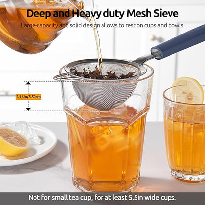 U-Taste Small Fine Mesh Strainer: 18/8 Stainless Steel 3.35in 30 Mesh Kitchen Food Sieve with Sturdy Riveted Silicone Handle, Heavy Duty Deep Handheld Metal Colander for Tea, Juice (Midnight Blue)
