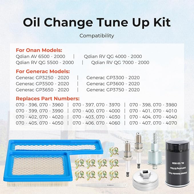 Tune Up Kit for Onan RV QG 5500 7000 Generator Marquis Gold Platinum EF/HGJAA/HGJAB/HGJA, with 149-2341 Fuel Filter, 140-3116 Air Filter, 122-0836 Oil Filter & Wrench, 167-1638 Spark Plug & Gap Tool