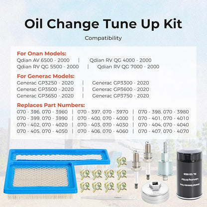 Tune Up Kit for Onan RV QG 5500 7000 Generator Marquis Gold Platinum EF/HGJAA/HGJAB/HGJA, with 149-2341 Fuel Filter, 140-3116 Air Filter, 122-0836 Oil Filter & Wrench, 167-1638 Spark Plug & Gap Tool