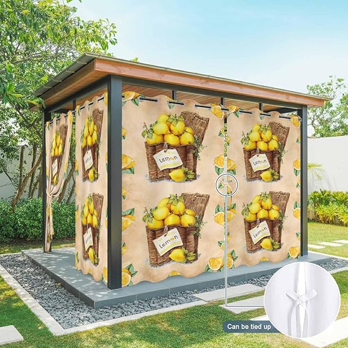 Lemon Outdoor Curtains for Patio Lemons in Baskets Summer Tropical Plant Brown Waterproof Outside Curtains with Grommet Top Weatherproof Curtain for Cabana Pergola Gazebo, 1 Panel, 54" W x 95" L