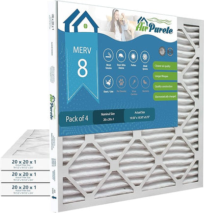 20x20x1 Air Filters | AirPurete AP-3M20201 HVAC AC Furnace Air Filters | Actual Size: 19.50" x 19.50" x 0.75" | MERV 8, MPR 600 (Pack of 4)