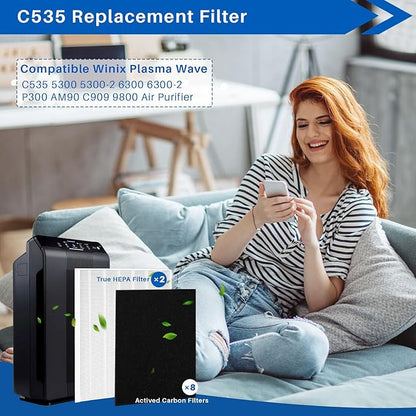 10 Pack 115115 Filter, Filter A Size 21 Replacement for Winix PlasmaWave Air Purifier C535 5300 5300-2 6300 6300-2 P300 AM90 C909 9800, 2 Size 21 Filters + 8 Carbon Pre-Filters