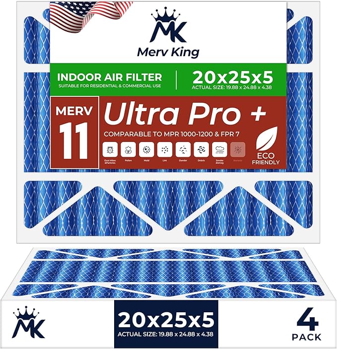 MervKing 20x25x5 Air Filter Actual Size: 19.88" x 24.88" x 4.38" MERV 11 MPR 1000-1200 | MADE IN USA | 4-Pack | Pleated HVAC AC Furnace Replacement