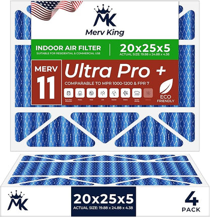 MervKing 20x25x5 Air Filter Actual Size: 19.88" x 24.88" x 4.38" MERV 11 MPR 1000-1200 | MADE IN USA | 4-Pack | Pleated HVAC AC Furnace Replacement