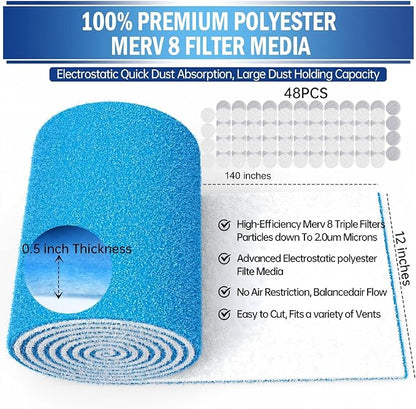 UBeesize Air Vent Filters, 140" x 12" Cut to Size Air Filter Material (60+ Filters), MERV 8 Triple Vent Filter Kit for Home Floor, Grilles, Ceiling, HVAC Furnace Vents, With 48PCs Adhesive Hook Tape