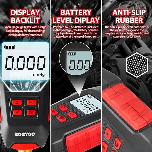 Digital Vacuum Gauge, HVAC Micron Vacuum Gauge Tester with 4 Units 7/16 inch-20 UNF, Digital Vacuum Micron Meter Set with Buzzer Alarm, 1/4 inch SAE Extension Connector Fitting