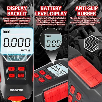 Digital Vacuum Gauge, HVAC Micron Vacuum Gauge Tester with 4 Units 7/16 inch-20 UNF, Digital Vacuum Micron Meter Set with Buzzer Alarm, 1/4 inch SAE Extension Connector Fitting