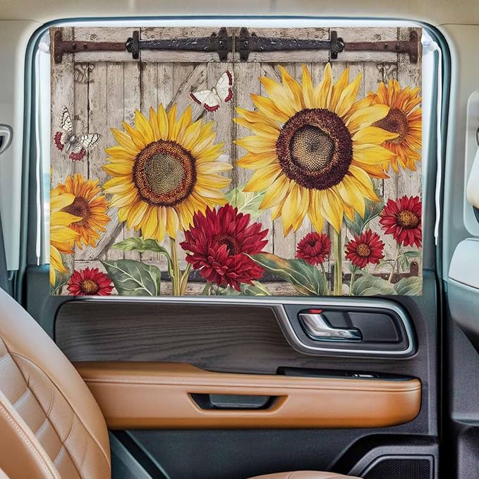 Sunflowers Magnetic Double Layer Car Window Shades,Side Window Curtains for Blackout/Breathable Mesh View,Retro Flower Barn Doors Butterfly Farmhouse Brown Heat Protection Sun Shades 26x20in 2pcs