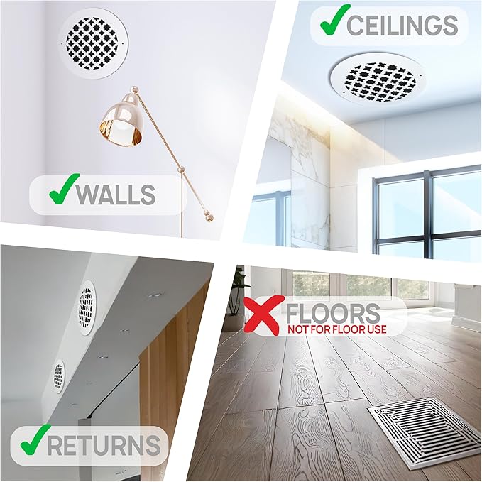 SABA Home Decor Air Vent Cover Grille - Acrylic Plexiglass 6'' Round Duct Opening (7.5'' Overall) White Finish Decorative Registers for Walls and Ceilings NOT Floor USE, Venetian (1, Screws)