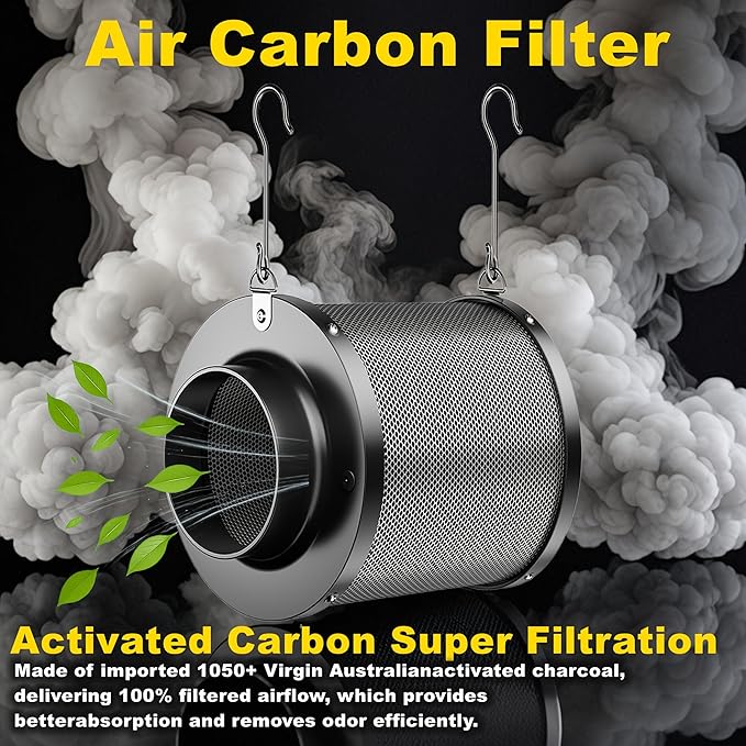 MELONFARM Air Filtration Kit, 4" 190 CFM Inline Duct Fan with Speed Controller, 12" High Carbon Filter, 8 Ft Ducting & Rubber Coupler, Air Cooling and Filtration Kit for Grow Tent, Hydroponics