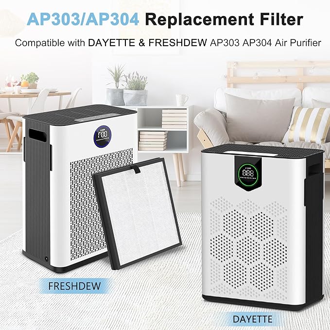 AP303 AP304 Replacement Filters, Compatible with DAYETTE ＆ FRESHDEW Air Purifier AP303/AP304, H14 HEPA Filter with Activated Carbon, 4 Pack (Original Filter)