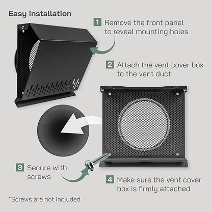 Vent Systems 6" Inch Air Supply Vent Cover with Rubber Gasket - Graphite Black Galvanized Steel - Robust Weatherproof Outdoor Air Intake Box - Duct or Surface Mounting - Rain and Snow Protection