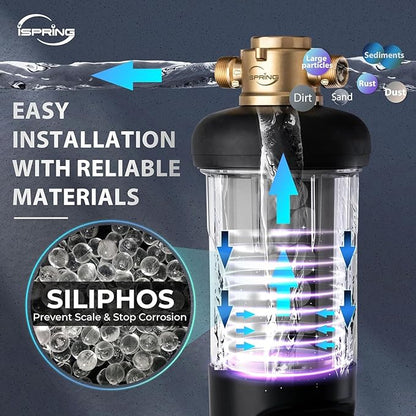 iSpring WSP50SL-ARJ Reusable Whole House Spin Down Sediment Water Filter, Includes Siliphos Helps Prevent Scale and Corrosion, Clear Housing, Upgraded Jumbo Size, with Touch-Screen Auto Flushing