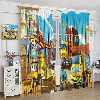 Kids Cartoon Construction Window Curtains, Funny Construction Site Cars and Helicopter Rod Pocket Decorative Windows Curtain for Children Teens Room Decor 72x63in (30% Blackout)
