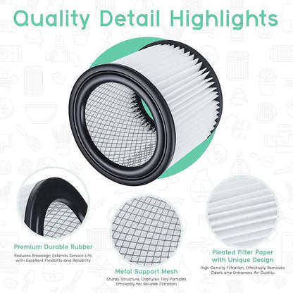90398 HEPA Replacement Filter - Small Cartridge Vacuum Filter Pack of 2 Fit for Shop-Vac 90398/118692, 9039800, 903-98, 903-98-00 Wet and Dry Vacuum (2 Filters+ 1 Brush)