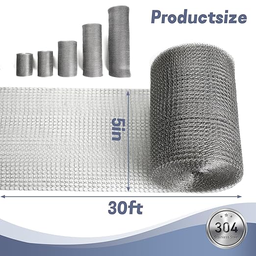 5" X 30 ft 304 Stainless Steel Mesh, Wire Mesh for Rodent, Hole Fill Fabric Gap Blocker, Double Layer Metal Mesh Roll, Flexible Stretchy for Garden House and DIY (A-5" X 30 ft)