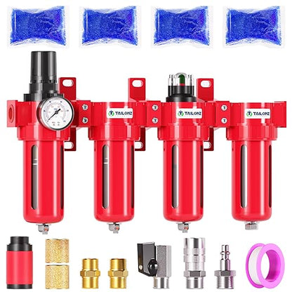 TAILONZ PNEUMATIC 1/2 Inch NPT 0-150 PSI Red Industrial Grade 4 Stage Air Drying System, Double Particulate Filter, Coalescing Filte,Desiccant Dryer and Air Regulator Manual Drainage