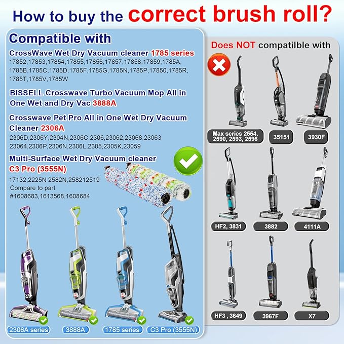 Lemige Brush Filter Replacement Parts for Bissell CrossWave Vacuum 3888A 1785 Pet Pro 2306A Cordless Wet Dry Vac, 2 Pack 2460 Pet Brush Rolls 2 Pack 1868 Multi-Surface Brush 4 Pack 1866 Vacuum Filters