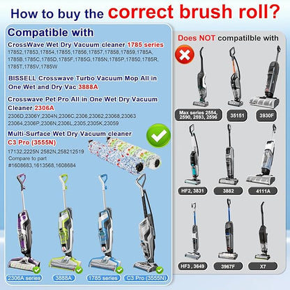 Lemige Brush Filter Replacement Parts for Bissell CrossWave Vacuum 3888A 1785 Pet Pro 2306A Cordless Wet Dry Vac, 2 Pack 2460 Pet Brush Rolls 2 Pack 1868 Multi-Surface Brush 4 Pack 1866 Vacuum Filters