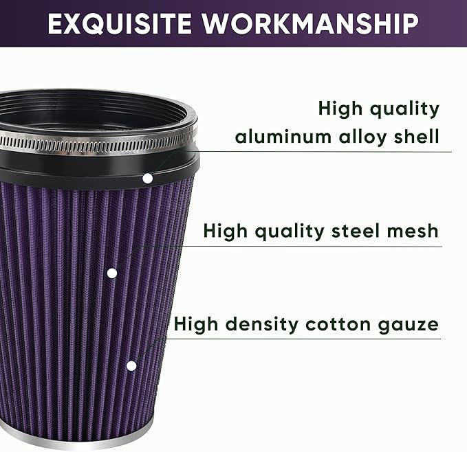 6" 152mm Cold Air Intake Filter Clamp-On Replacement High Flow Inlet Air Filter High Performance Washable Cone Filter 9" Tall Purple