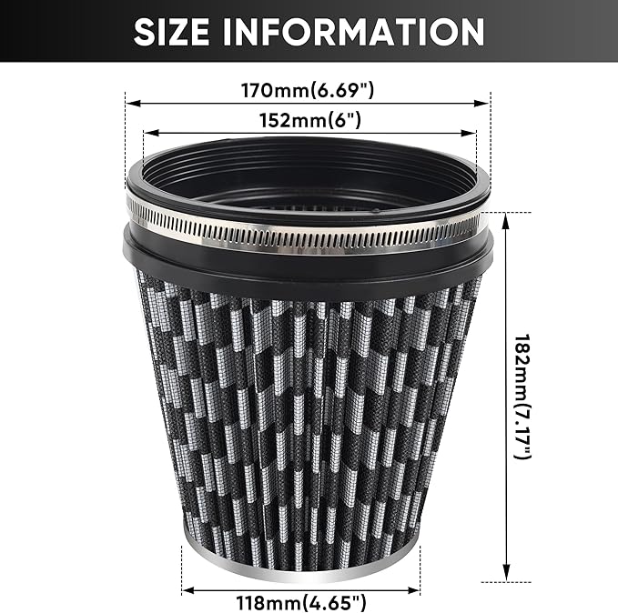 6" 152mm Cold Air Intake Filter Clamp-On Replacement High Flow Inlet Air Filter High Performance Washable Cone Filter 7" Tall Carbon Fiber Pattern