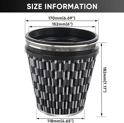 6" 152mm Cold Air Intake Filter Clamp-On Replacement High Flow Inlet Air Filter High Performance Washable Cone Filter 7" Tall Carbon Fiber Pattern