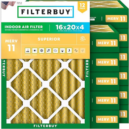 Filterbuy 16x20x4 Air Filter MERV 11 Superior Pet & Allergy Defense (12-Pack), Electrostatic Pleated HVAC AC Furnace Filters Replacement, Made in USA (Actual Size: 15.50 x 19.50 x 3.63)
