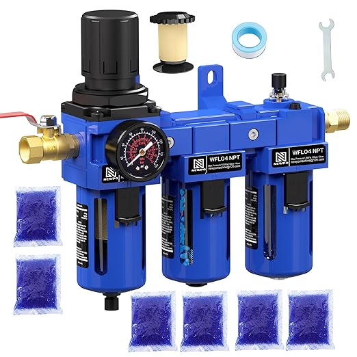 NEWPO 1/2'' NPT Compressed Air Filter Regulator Lubricator Combo with Pressure Gauge,Brass Filter and Desiccant Dryers,Semi-Auto Drain, Metal Bracket-Blue