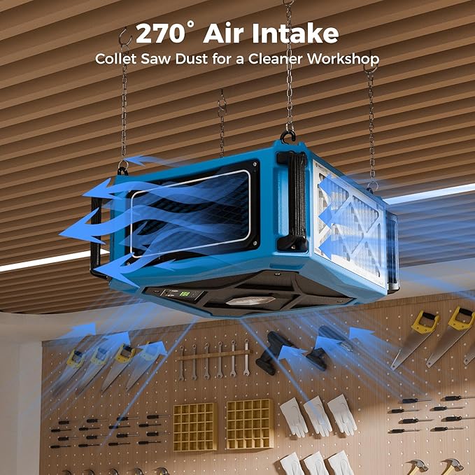 ALORAIR Hanging 270° Intake Air Filtration Systems Woodworking Remote Control, 2 Stage Air Flow(780/1080CFM) Strong Vortex Fan, Ceiling Mounted Dust Collector for Garage, Work Shop, Purecare 1080