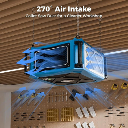 ALORAIR Hanging 270° Intake Air Filtration Systems Woodworking Remote Control, 2 Stage Air Flow(780/1080CFM) Strong Vortex Fan, Ceiling Mounted Dust Collector for Garage, Work Shop, Purecare 1080