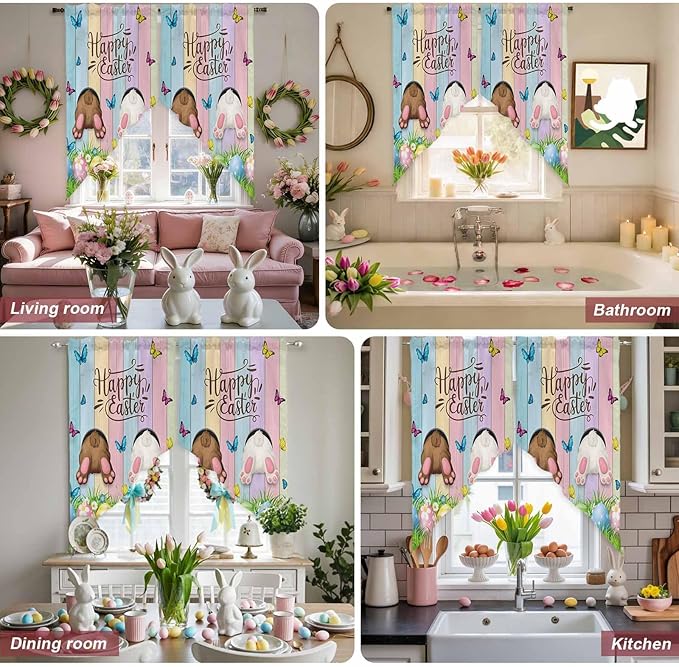Swag Curtain Valances for Kitchen Windows,Happy Easter Rabbit Butt Egg on Daisy Leaf Short Rod Pocket Window Valance,Bufferfly on Wood Barn Swag Topper for Bedroom Living Room,2 Panels 36x45in