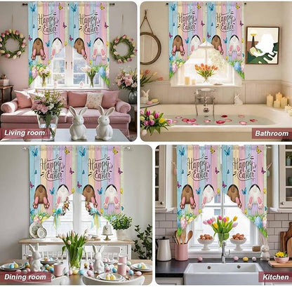 Swag Curtain Valances for Kitchen Windows,Happy Easter Rabbit Butt Egg on Daisy Leaf Short Rod Pocket Window Valance,Bufferfly on Wood Barn Swag Topper for Bedroom Living Room,2 Panels 36x45in
