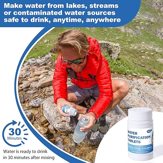 Water Tablets Purification for Drinking (100 Count) - Water Filtration System Survival for Camping, Boating, Hiking, Backpacking, Emergencies - Portable Water Treatment for Safe Drinking Anywhere