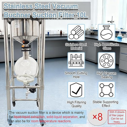 10L Vacuum Filtration System, Negative Pressure Suction Filter with Stainless Steel Buchner Funnel & Glass Filter Flask, Discharge Valve & Brake Casters, for Lab Chemical Industrial Use