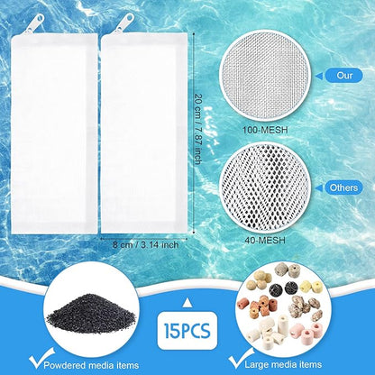 Geiserailie 15 Pieces Aquarium Filter Media Bags 150 Micrometer Fine Filter Bags Mesh Reusable with Zipper for Activated Carbon Resins(3.1 x 7.9 Inch)