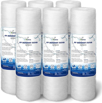 BLUERISE 5 Micron 10" x 2.5" Water Filter Replacement Whole House Sediment Home Water Filter Replacement Cartridge Ro Sediment Filter Fits Any 10" Reverse Osmosis Unit - 6 Pack