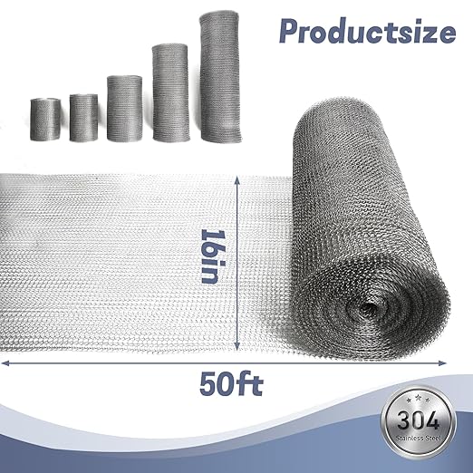16" X 50 ft 304 Stainless Steel Mesh, Wire Mesh for Plants, Hole Fill Fabric Gap Blocker, Double Layer Metal Mesh Roll, Flexible Stretchy for Garden House and DIY (G-16" X 50 ft)