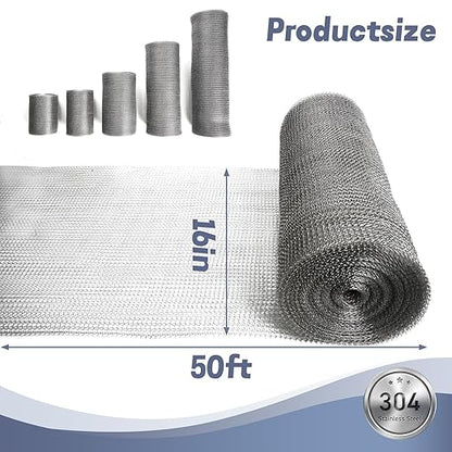 16" X 50 ft 304 Stainless Steel Mesh, Wire Mesh for Plants, Hole Fill Fabric Gap Blocker, Double Layer Metal Mesh Roll, Flexible Stretchy for Garden House and DIY (G-16" X 50 ft)